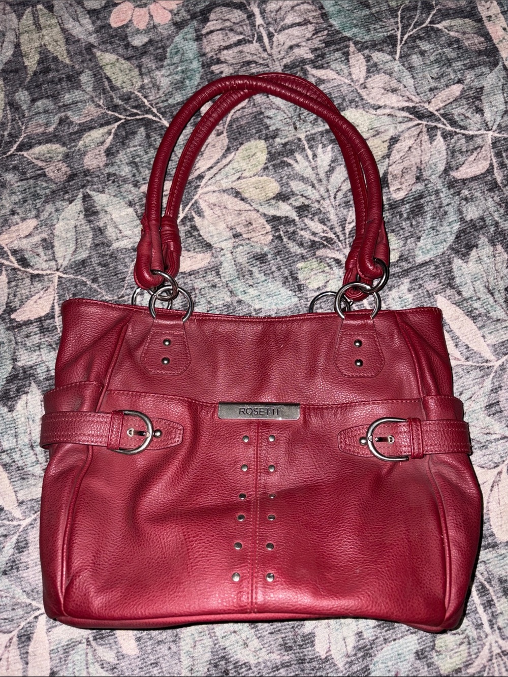 Rosetti Burgundy Red Leather Shoulder Tote with Buckle Accents